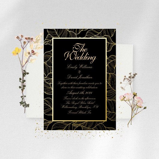 ゴールデンエレガント葉ズブラック 箔招待状