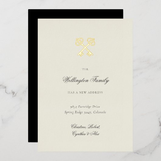 ゴールデンエレガント鍵新しい住所の引越しコメント 箔招待状 (正面/裏面)