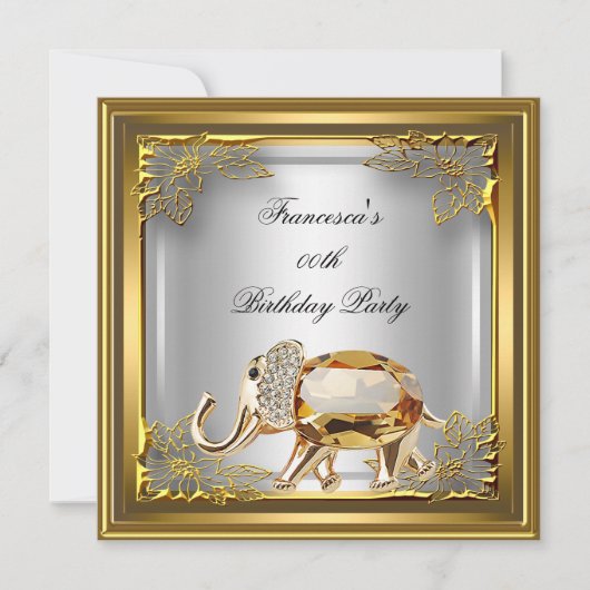 ゴールデンエレファントエリートエレガントバースデーパーティーホワイト 招待状 (正面)