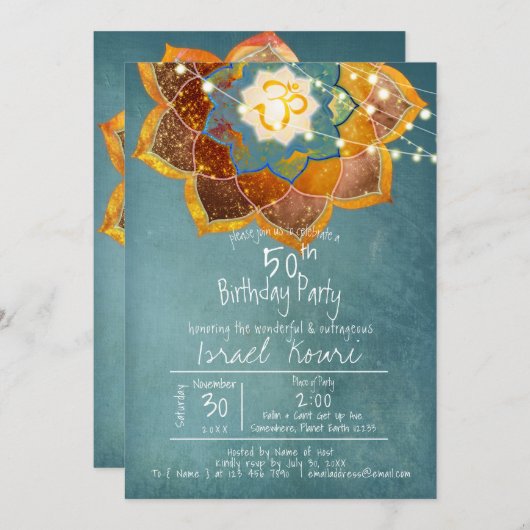 ゴールデンオムフラワーマンダラデザイン50th誕生日ティール（緑がかった色） 招待状 (正面/裏面)