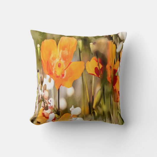 ゴールデンオレンジカリフォルニアポピー絵画アクリル クッション (正面)
