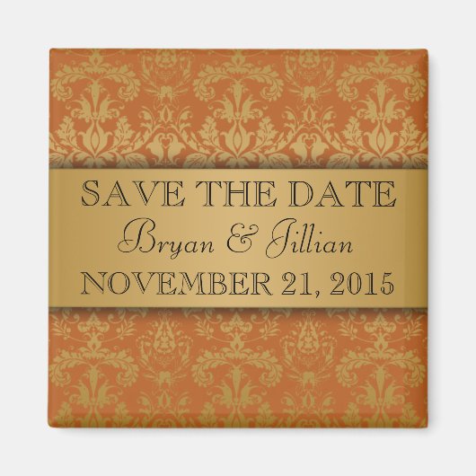 ゴールデンオレンジ&金ゴールドリーガルダマスク日付を保存 マグネット (正面)