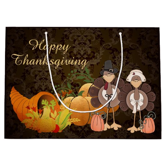 ゴールデンオータムハーベストダマスクハッピーサンクスギビング ラージペーパーバッグ (正面)