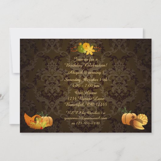 ゴールデンオータムハーベストダマスク誕生日招待状 招待状 (裏面)