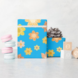 ゴールデンオータムフラワーズブルーシームレス秋誕生日 ラッピングペーパー