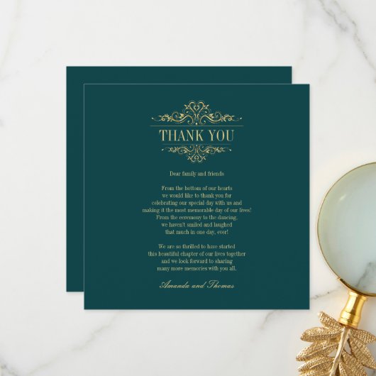 ゴールデンオーナメントガソリングリーンモダンシック サンキューカード (正面/裏面インサイチュ)