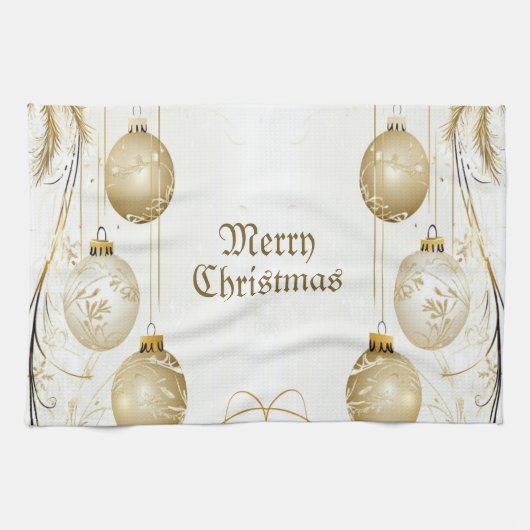 ゴールデンオーナメントクリスマスホリデーパエレガントーティ キッチンタオル (横)