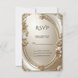 ゴールデンオーナメントフレームとパールのRSVPカード 出欠カード