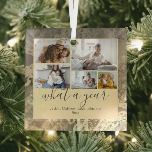 ゴールデンカスタムタイポグラフィ5枚の写真の新年 ガラスオーナメント (インサイチュ)