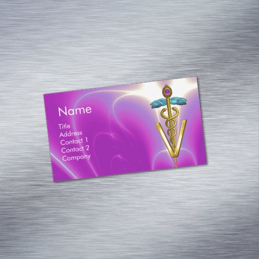 ゴールデンカドゥセウス獣医のシンボル/明るい赤紫色紫 マグネット名刺 (インサイチュ)