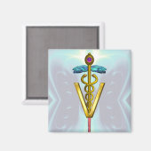 ゴールデンカドゥセウス獣医シンボルティール(緑がかった色)ブルー マグネット (正面/裏面)