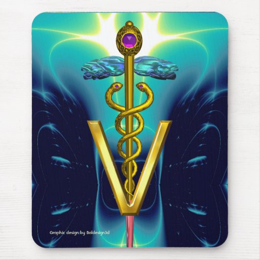 ゴールデンカドゥセウス獣医シンボル/アクアブルーティール（緑がかった色） マウスパッド (正面)