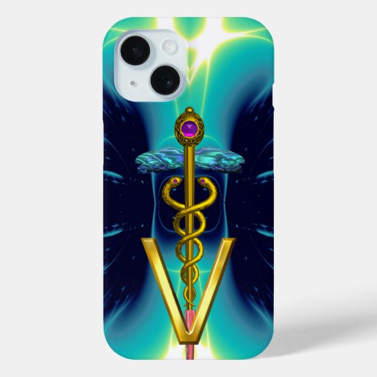ゴールデンカドゥセウス獣医シンボル/ティール(緑がかった色)ブルー Case-Mate iPhoneケース (裏面)