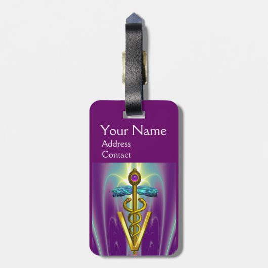 ゴールデンカドゥセウス獣医シンボル/パープルグリーン ラゲッジタグ (裏面縦)