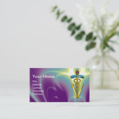 ゴールデンカドゥセウス獣医シンボル/パープルグリーン 名刺 (スタンド正面)