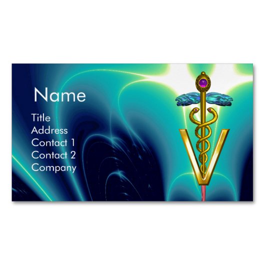 ゴールデンカドゥセウス獣医シンボル/ブルーターコイズ マグネット名刺 (正面)