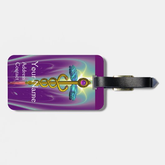 ゴールデンカドゥセウス記号モノグラムパープルグリーン ラゲッジタグ (裏面横)