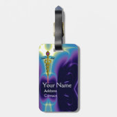 ゴールデンカドゥセウス記号モノグラムパープルブルー ラゲッジタグ (裏面縦)