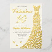 ゴールデンガウン、素晴らしい50th誕生日ドレス金ゴールド 箔招待状 (正面)