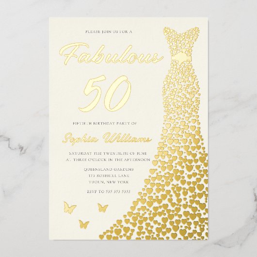 ゴールデンガウン、素晴らしい50th誕生日ドレス金ゴールド 箔招待状 (正面)