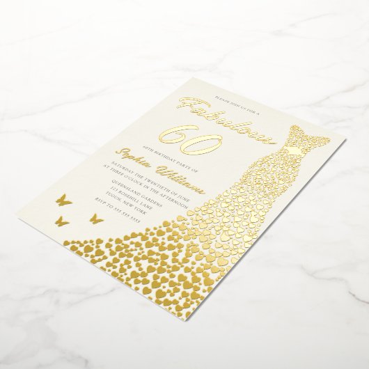 ゴールデンガウン、素晴らしい60th誕生日ドレス金ゴールド 箔招待状 (回転した状態)
