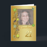 ゴールデンガーデン21stフォト誕生日カード カード<br><div class="desc">宝石で飾られた花と蝶が散らばる黄金の庭。写真を追加して誕生日カードを作成する。このカードは印刷されている。著作権Norma Cornes。</div>