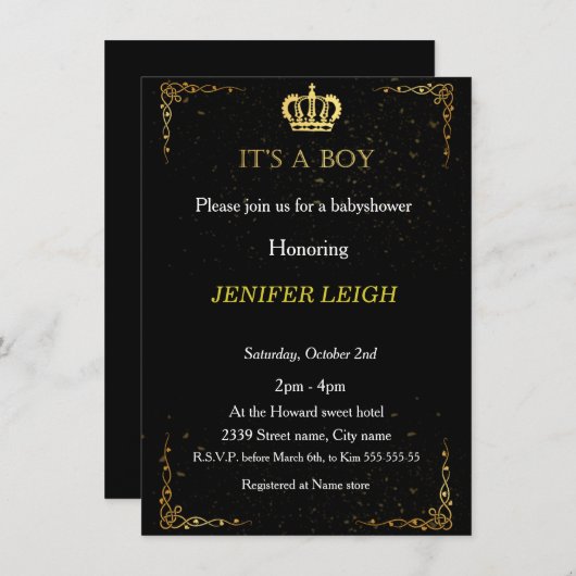 ゴールデンクラウン男の赤ちゃんのシャワー招待状 招待状 (正面/裏面)
