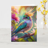 ゴールデンクリステッドグリーンヘディングフィンチファンタジー鳥 カード (黄色い花)
