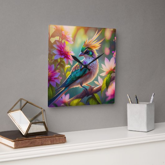 ゴールデンクリステッドグリーンヘディングフィンチファンタジー鳥 スクエア壁時計 (オフィス)