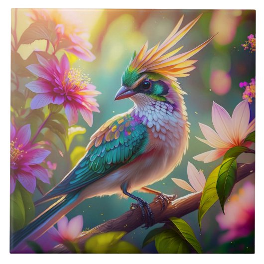 ゴールデンクリステッドグリーンヘディングフィンチファンタジー鳥 タイル (正面)