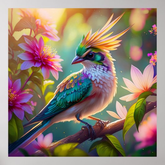 ゴールデンクリステッドグリーンヘディングフィンチファンタジー鳥 ポスター (正面)
