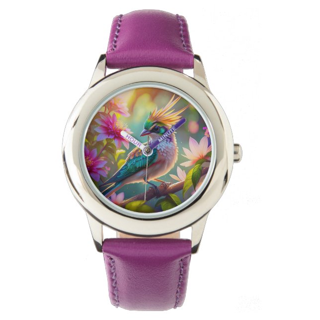 ゴールデンクリステッドグリーンヘディングフィンチファンタジー鳥 腕時計 (正面)