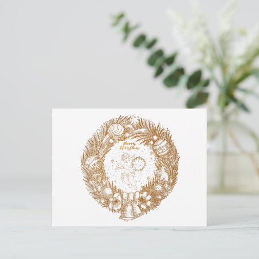 ゴールデンクリスマスエンジェル – リース – メリークリスマス シーズンポストカード (スタンド正面)
