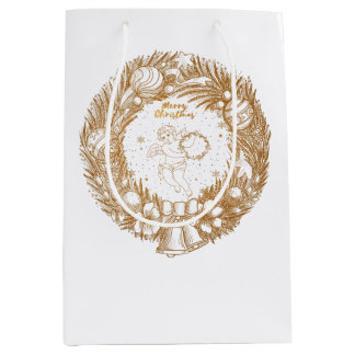 ゴールデンクリスマスエンジェル – リース – メリークリスマス ミディアムペーパーバッグ