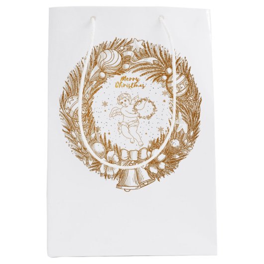 ゴールデンクリスマスエンジェル – リース – メリークリスマス ミディアムペーパーバッグ (正面)