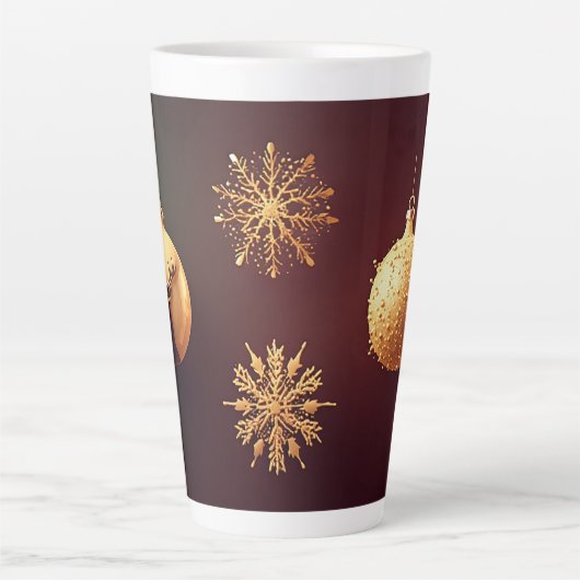 ゴールデンクリスマスオーナメントと雪片 カフェラテマグ (正面)