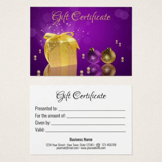 ゴールデンクリスマスギフトボックスギフト証明書カード (正面&裏面)