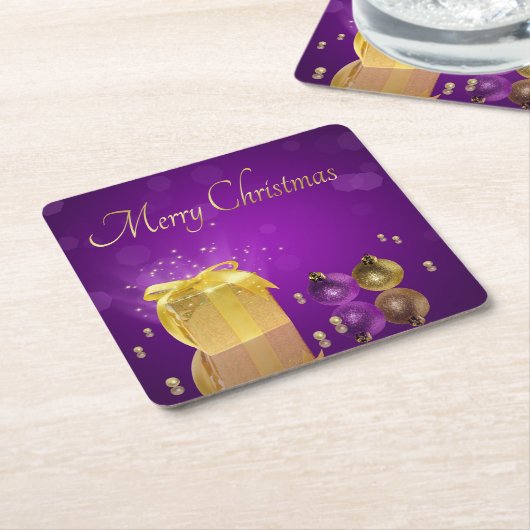 ゴールデンクリスマスギフトボックス スクエアペーパーコースター (アングル)