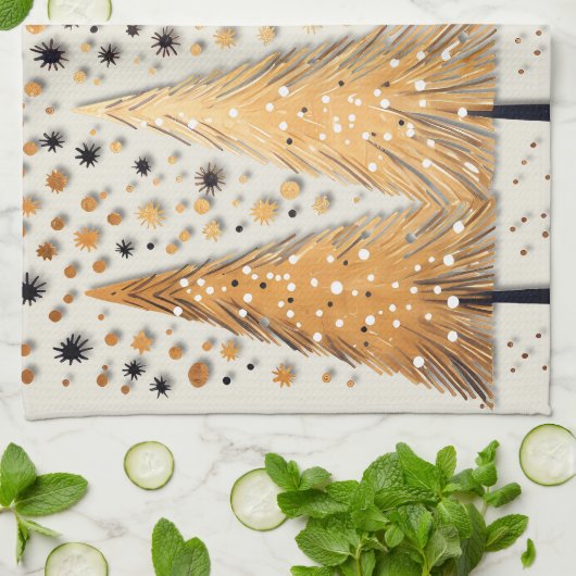 ゴールデンクリスマスツリーシャイニースノーフレークの休日 キッチンタオル (折り畳み)