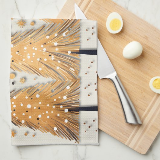 ゴールデンクリスマスツリーシャイニースノーフレークの休日 キッチンタオル (四つ折り)