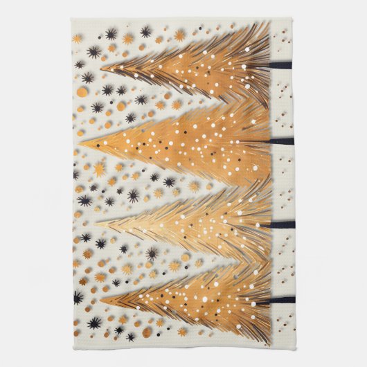 ゴールデンクリスマスツリーシャイニースノーフレークの休日 キッチンタオル (縦)