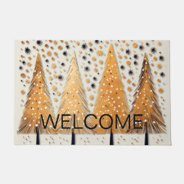 ゴールデンクリスマスツリーシャイニースノーフレークの休日 ドアマット