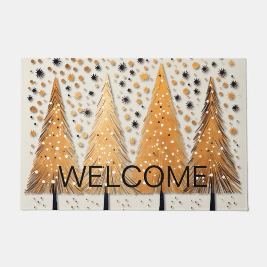 ゴールデンクリスマスツリーシャイニースノーフレークの休日 ドアマット (正面)