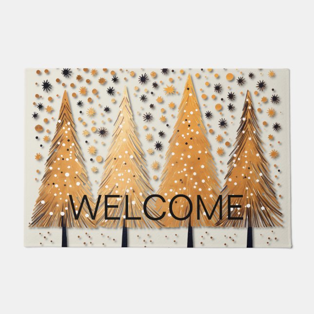 ゴールデンクリスマスツリーシャイニースノーフレークの休日 ドアマット (正面)