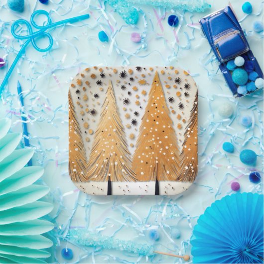 ゴールデンクリスマスツリーシャイニースノーフレークの休日 ペーパープレート (パーティー)