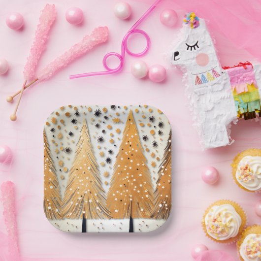 ゴールデンクリスマスツリーシャイニースノーフレークの休日 ペーパープレート (パーティー)