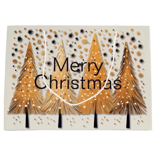 ゴールデンクリスマスツリーシャイニースノーフレークの休日 ラージペーパーバッグ (正面)