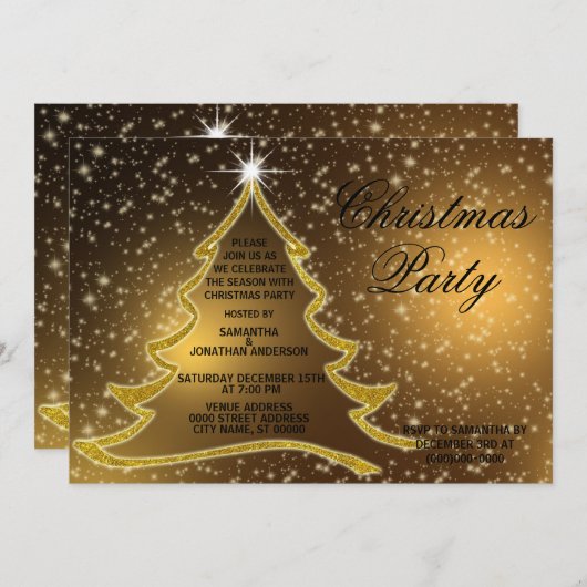 ゴールデンクリスマスツリーススパークル金ゴールドホリデーズパーティー 招待状 (正面/裏面)