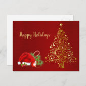 ゴールデンクリスマスツリーレッドサンタハットホリデーズ ポストカード (正面/裏面)
