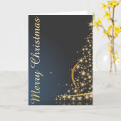 ゴールデンクリスマスツリー付きブルークリスマステーマ カード (黄色い花)